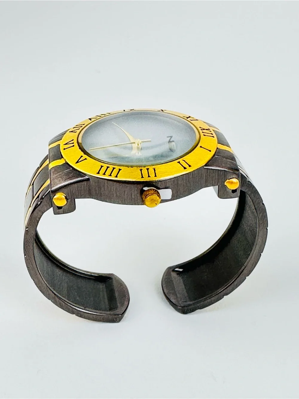 Two-Tone Gold & Dark Gray Brushed Finish Bracelet Bangle Cuff Women’s Watch